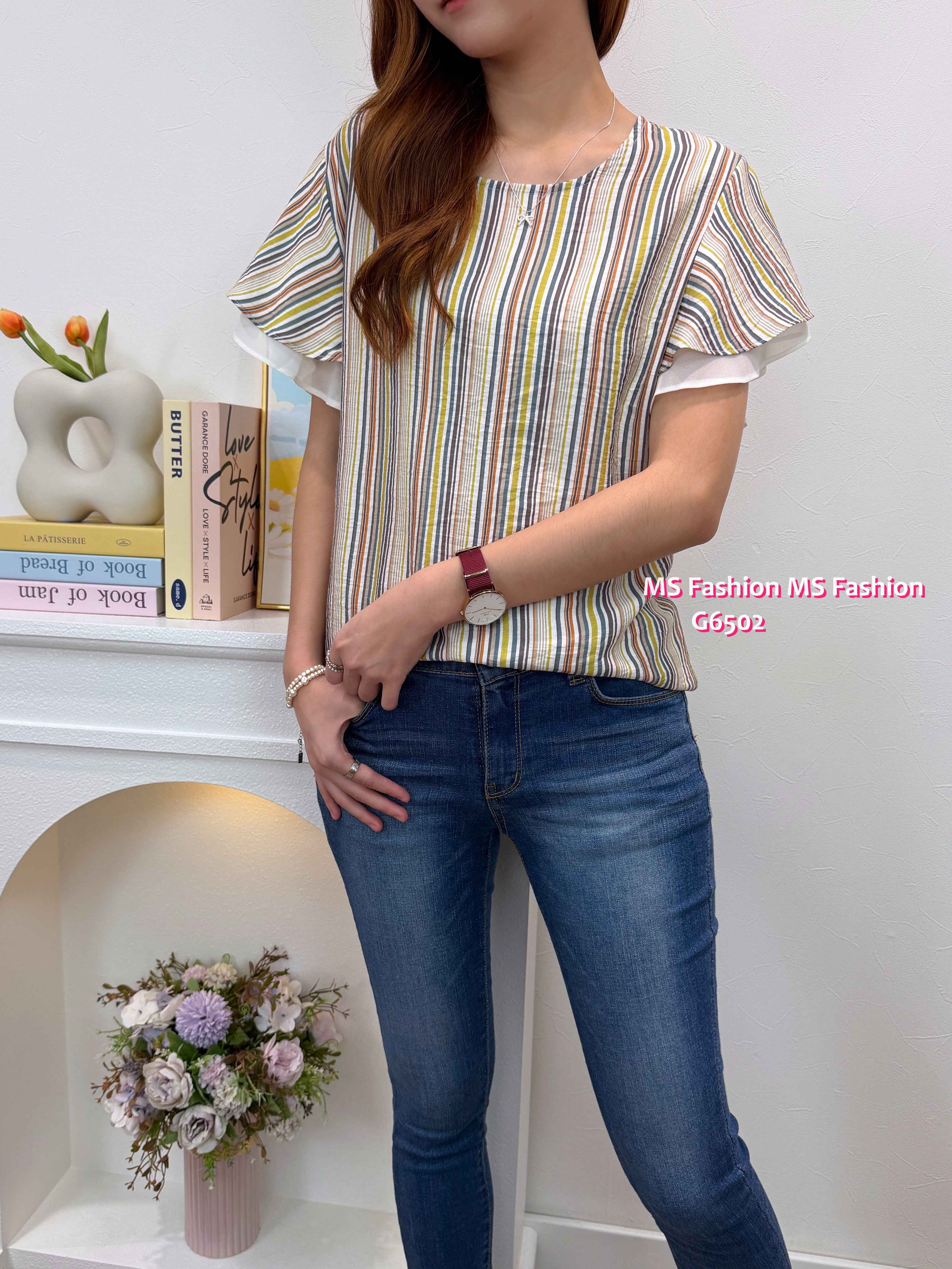 G6502 靚色條子ruffle袖top