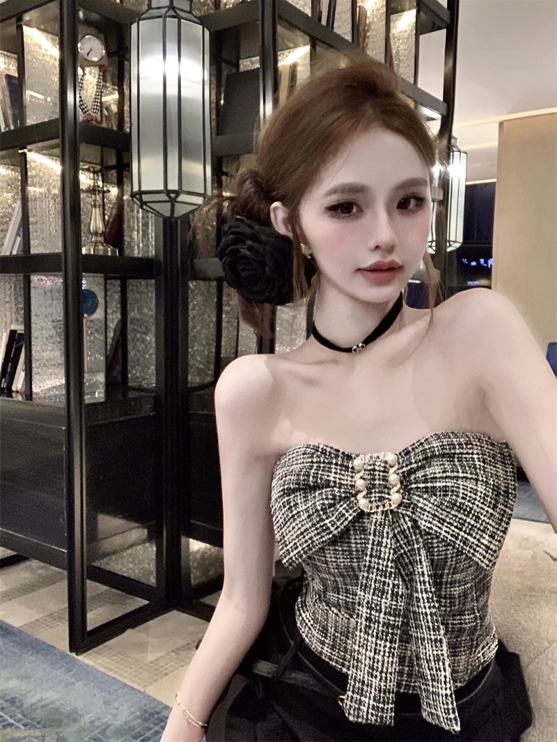 蝴蝶結裝飾斜紋軟無肩帶上衣