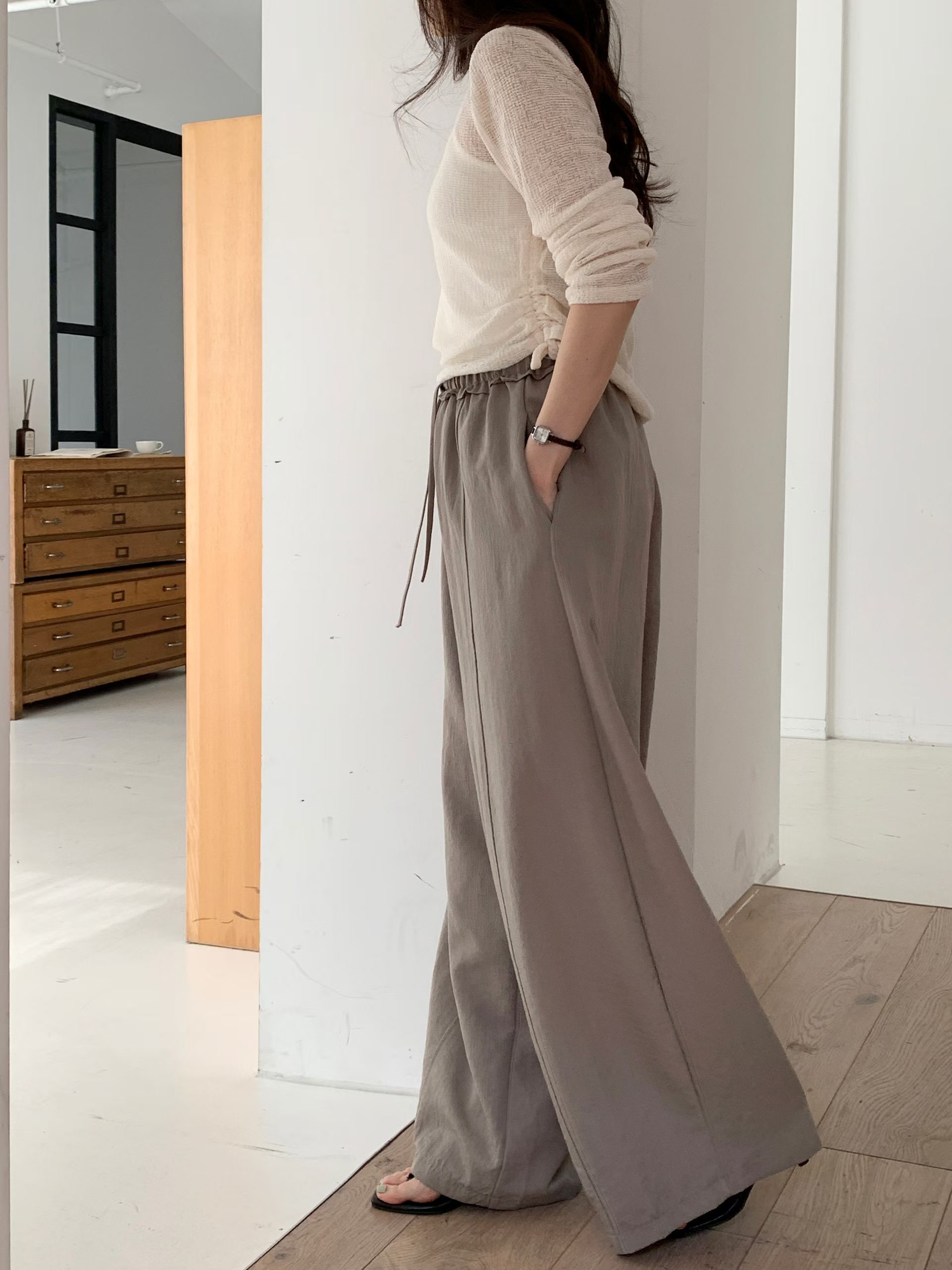 CT21 韓系抽繩鬆緊高腰闊腿褲