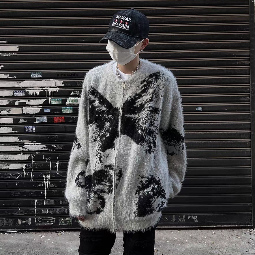 W2408蝴蝶提花海馬毛拉鍊外套