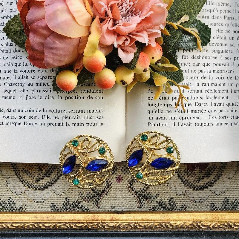 1980s Blue & Green Glass Stone Motif Pattern Statement Clip Earrings（MT1877-2）