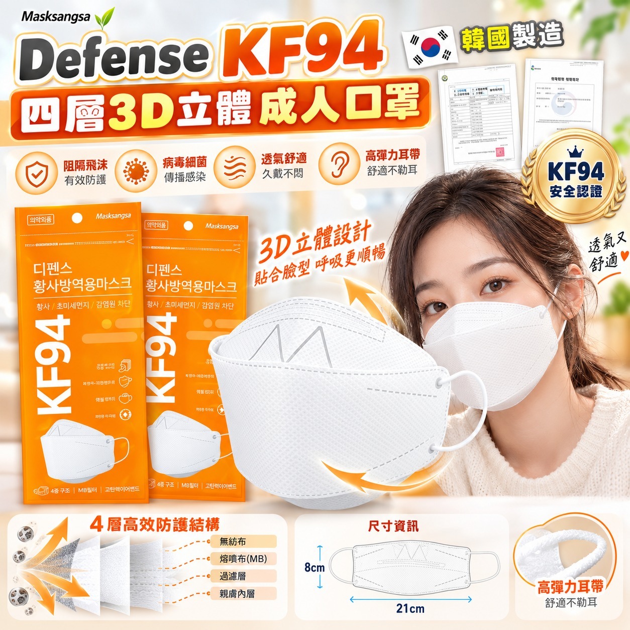 ＜限時預購＞ 韓國 Defense KF94 四層3D立體白色成人口罩(1箱100個)-橘包裝 TW261016S01 《19/10截單，預計11月下旬到港》