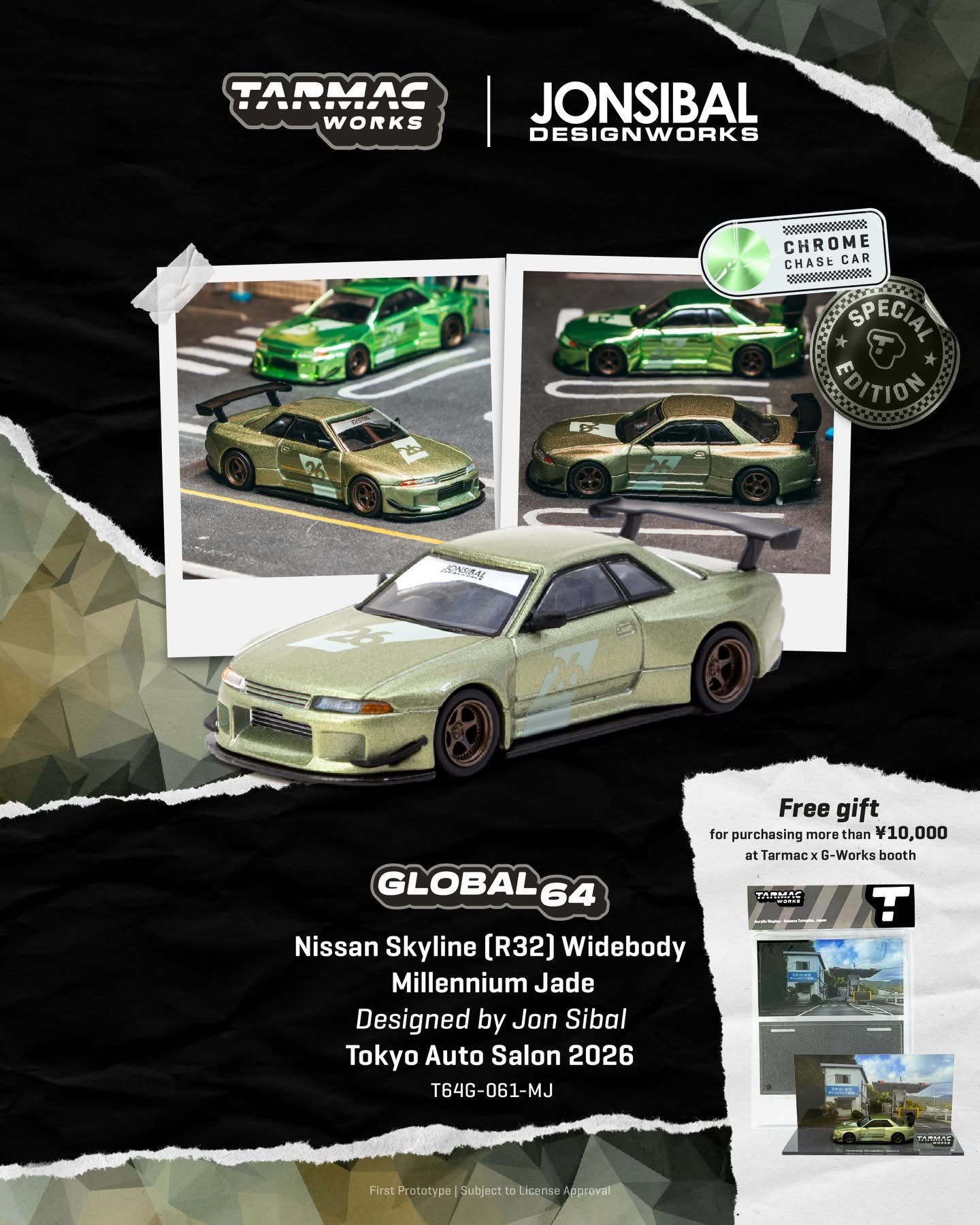 （預訂 Pre Order) Tarmac Works (T64G-061-MJ) Nissan Skyline (R32] Widebody Millennium Jade Designed by Jon Sibal Tokyo Auto Salon 2026
