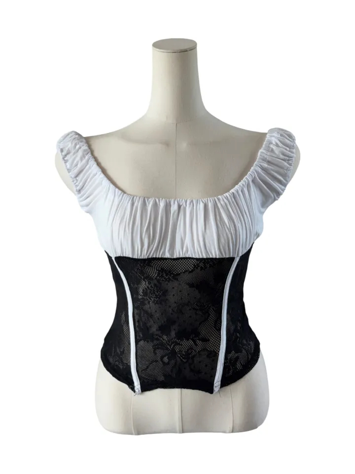 Ruched Sheer Lace Panel Corset Top