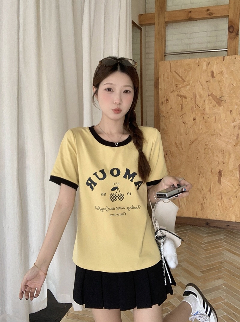 B122(36838) 韩系减龄撞色领边与AMOUR樱桃印花卷边袖4色上衣 