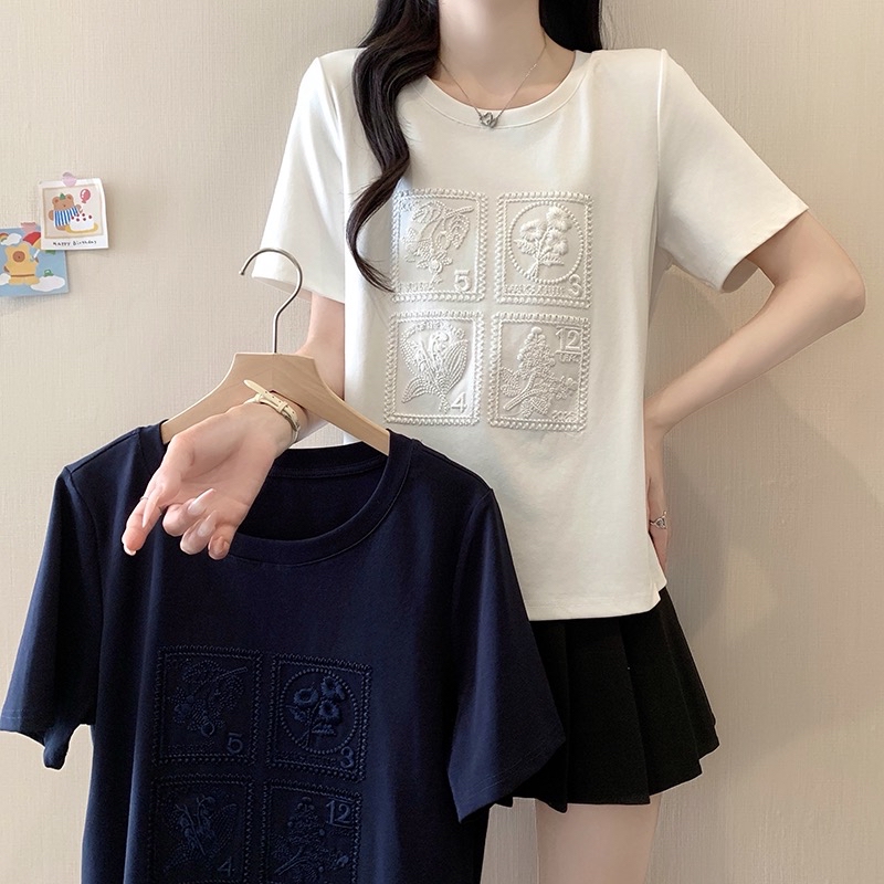 B68(3973) 韩系小香风同色系小花刺绣邮票蓝白上衣