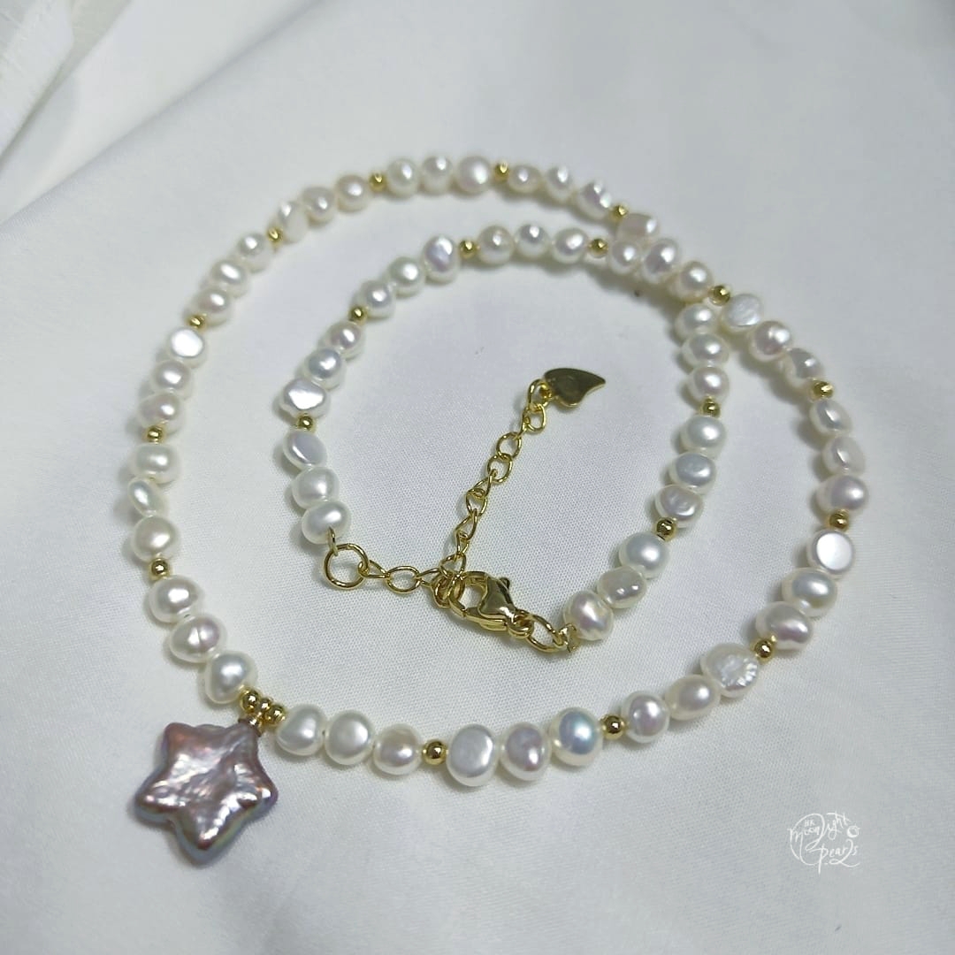 淡水巴洛克冷白光小石頭巴洛克珍珠+紫色炫彩星星珍珠注白金尾鍊扣choker鍊