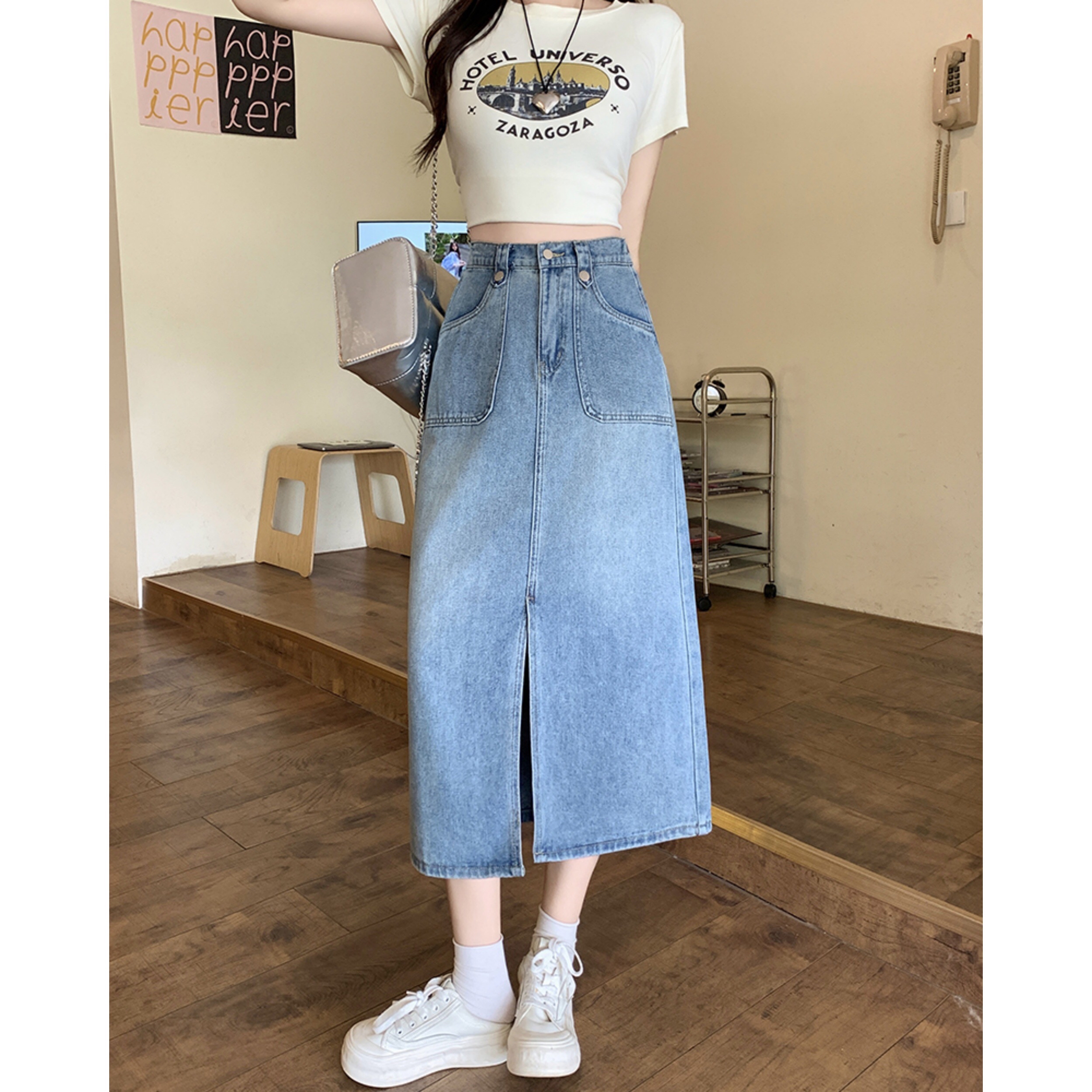 B352(65458) 韩版JEANS单钮扣带双边直角口袋前部开角蓝长裙 