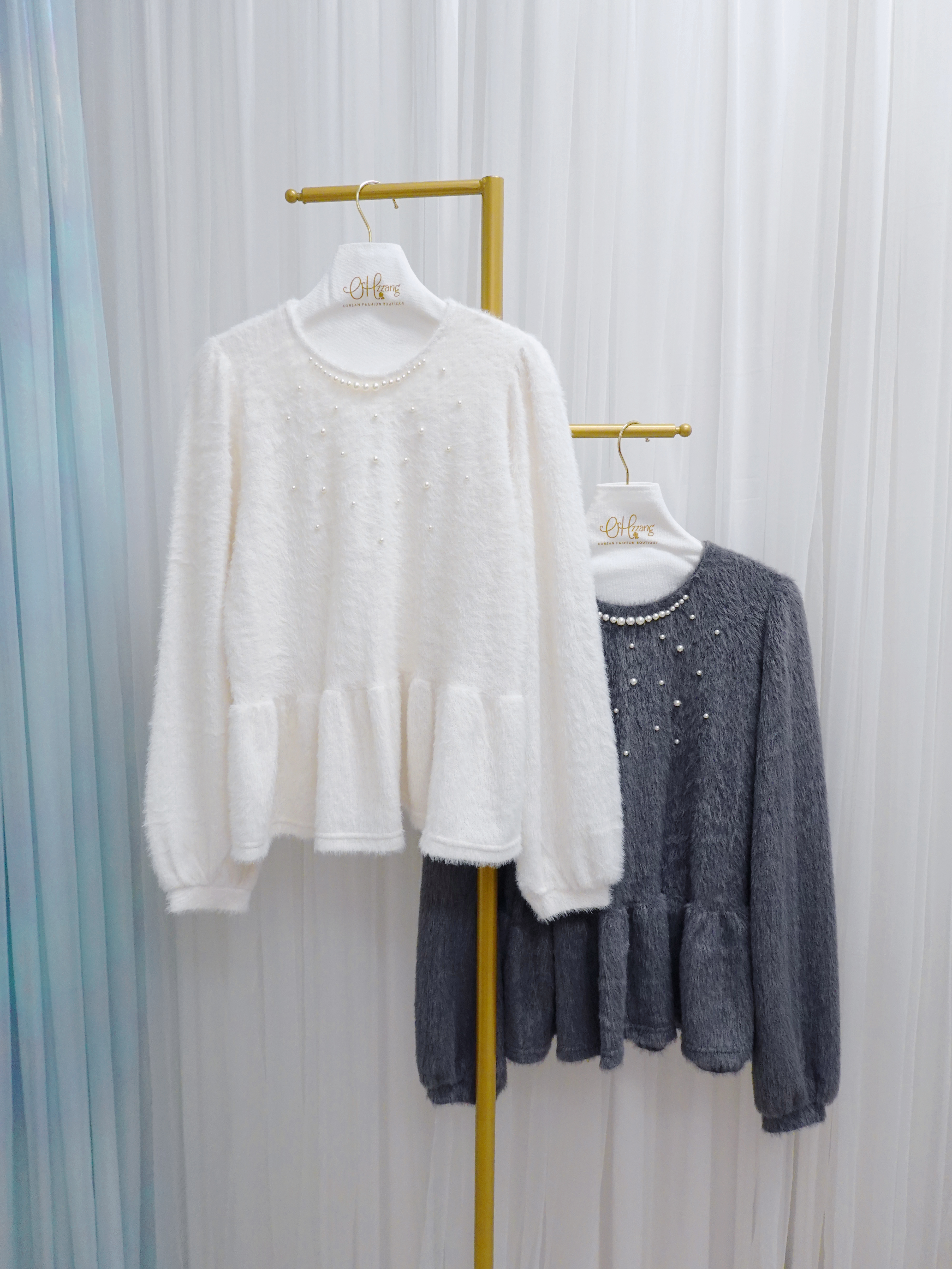 TOP16_12A 珍珠毛毛料傘擺TOP (2色)