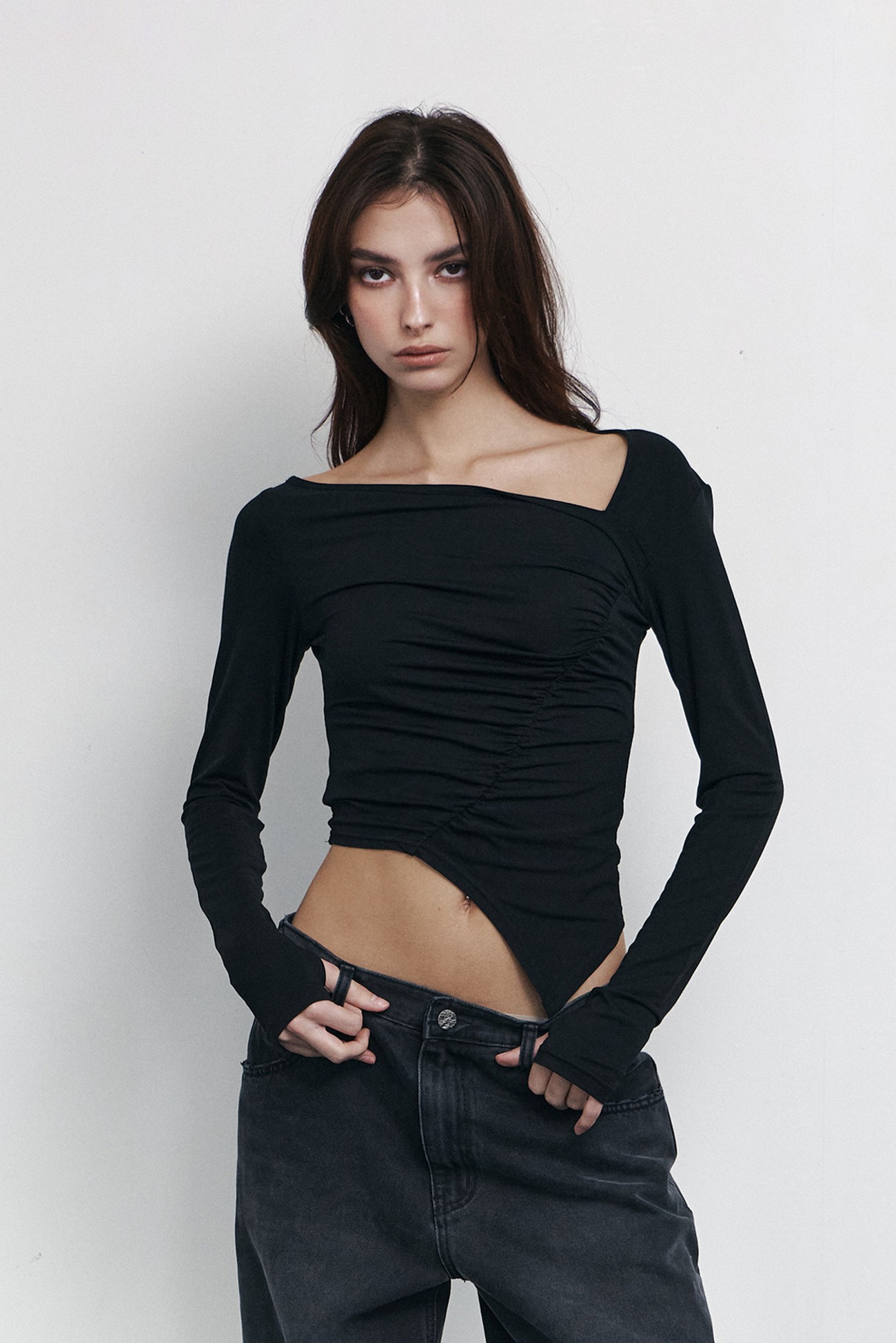 pleaseNOFOLLOW - Sadie Unbal Shirring Long Sleeve Top (Black)