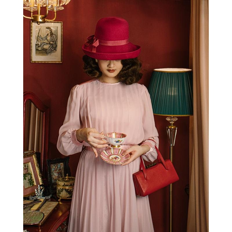 Vintage C.a. 1980s American Bobby's Girl Light Pink Chiffon Dress with Belt(MU108-13)