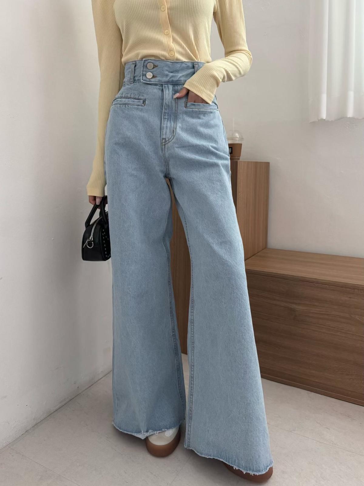 側扣高腰牛仔褲