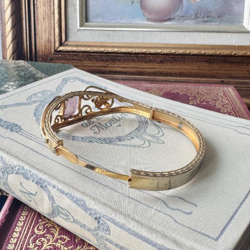 Early 20th Century Gold Filled Faceted Purple Glass Bangle / Hinged Bracelet (MT2307)