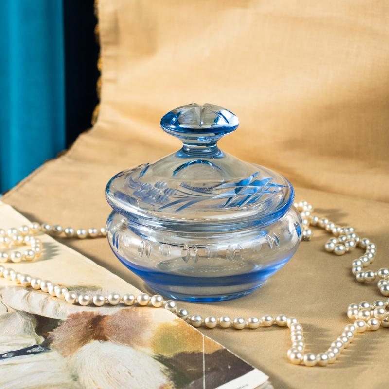 Vintage Mid-Century German Etched Pattern Glass Dressing Table Set - Tray , Powder Box & Perfume bottle (MW018)