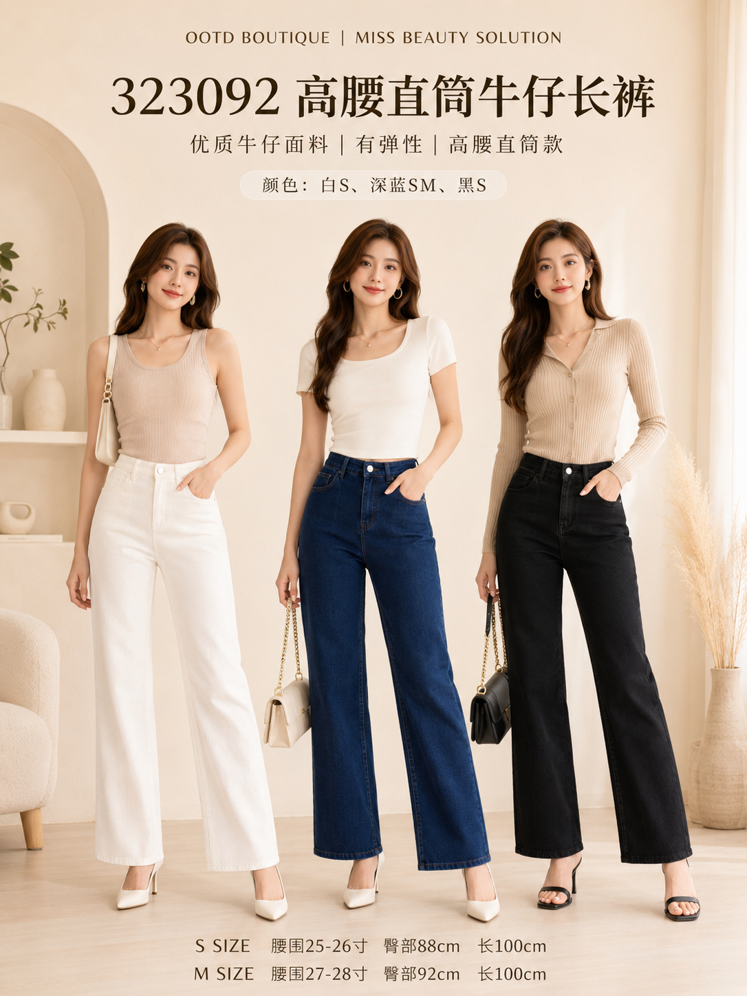 323092 JEANS LONG PANT  高腰直筒牛仔长裤