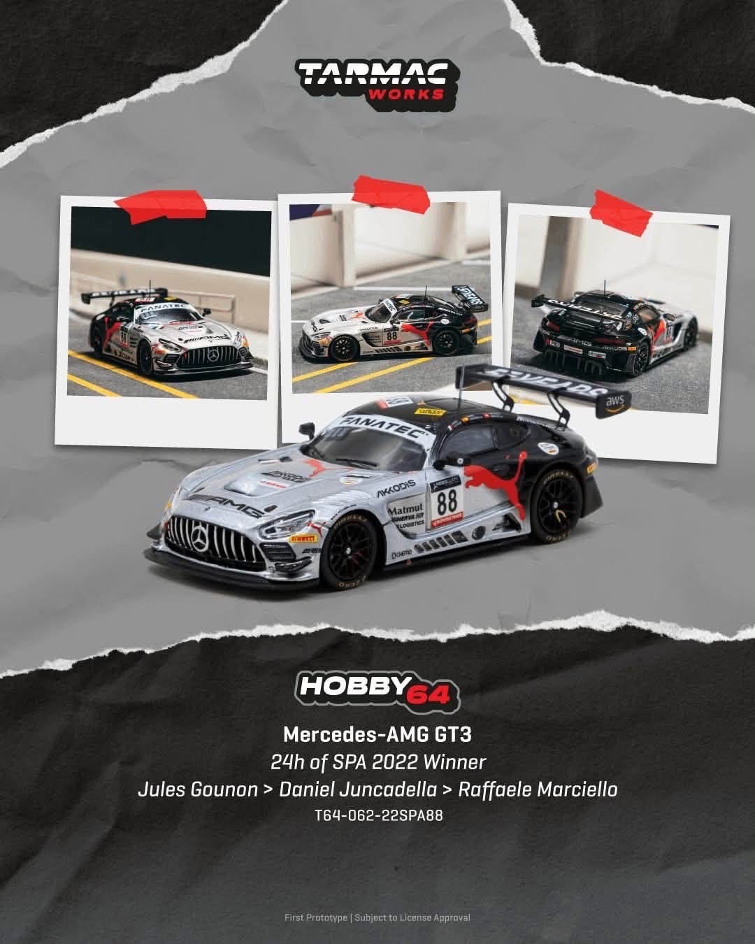 （預訂 Pre Order) Tarmac Works ( T64-062-22SPA88 ) Mercedes-AMG GT3 24h of SPA 2022 Winner Jules Gounon / Daniel Juncadella / Raffaele Marciello