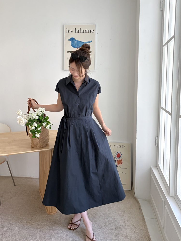 Elasticated Waist Shirt Dress (Navy)