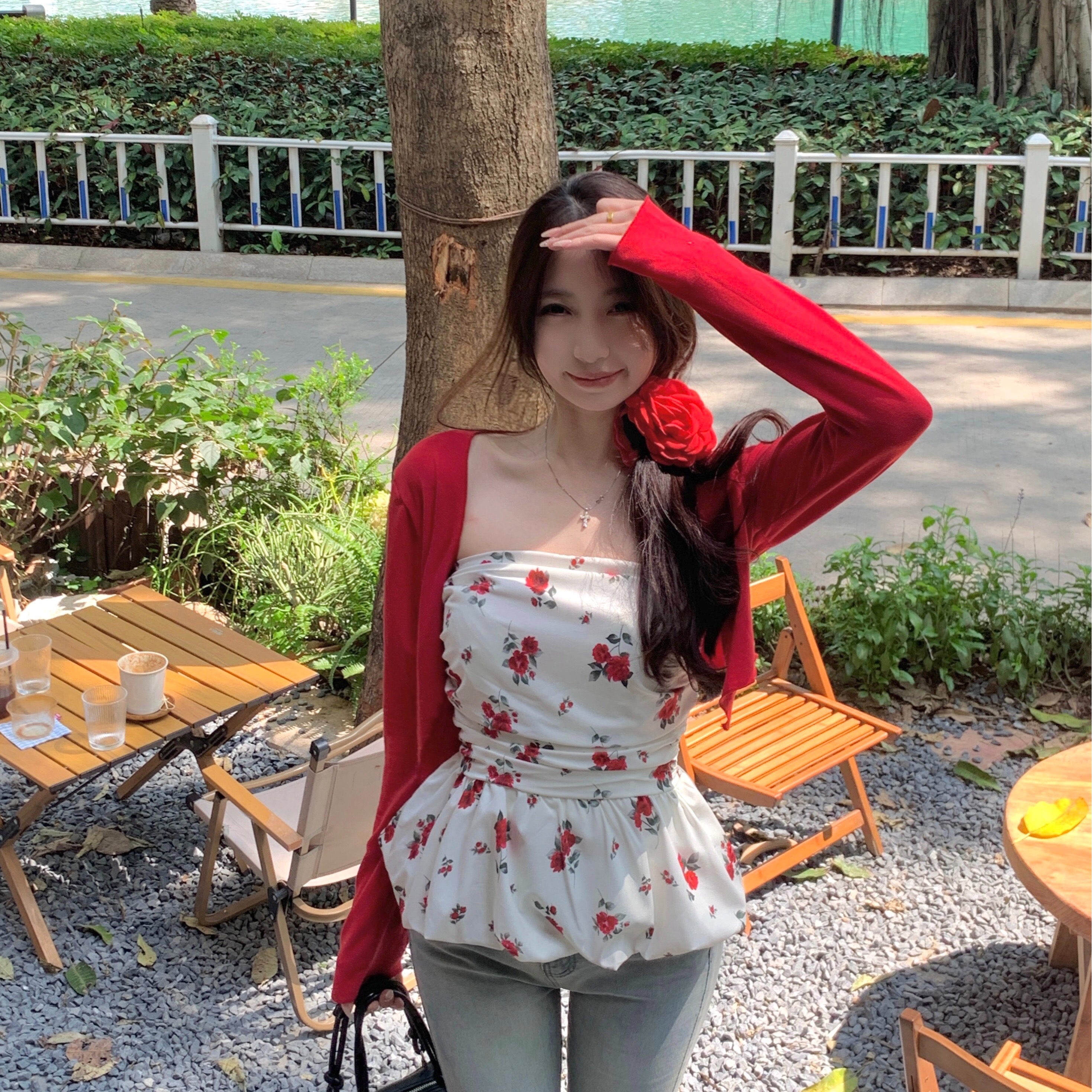 B193(5036) 韩系复古碎花下摆花苞边抹胸上衣与开衫红两件套上衣 