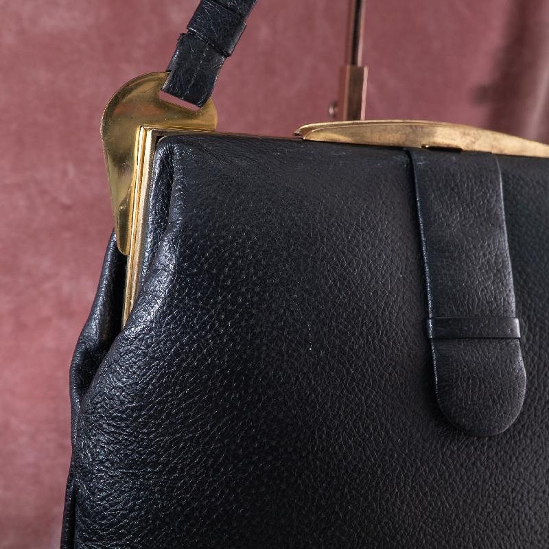 RARE! C.a. 1950s Horn Shaped Hardware Black Faux leather Large Handbag with Dotty Fabric Lining from Germany(NA0636)