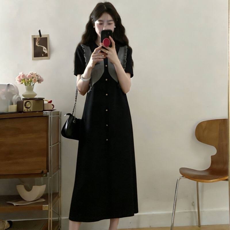 B185(6709) 韩系气质假两件拼接撞色灰外套型黑针织连身裙