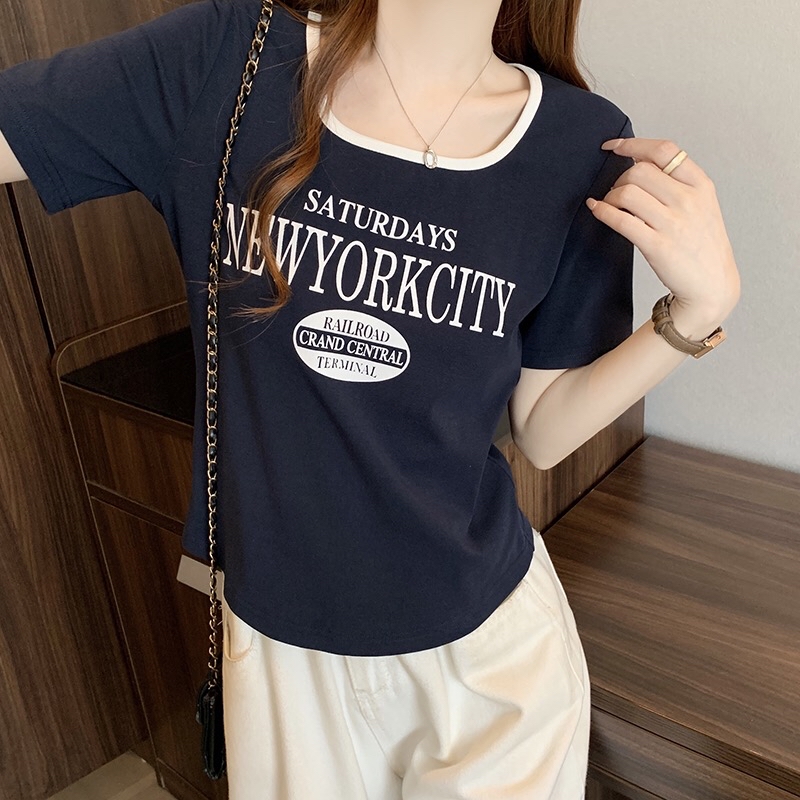 A59(33858) 韩版时尚撞色U领NEWYORK CITY 5色上衣