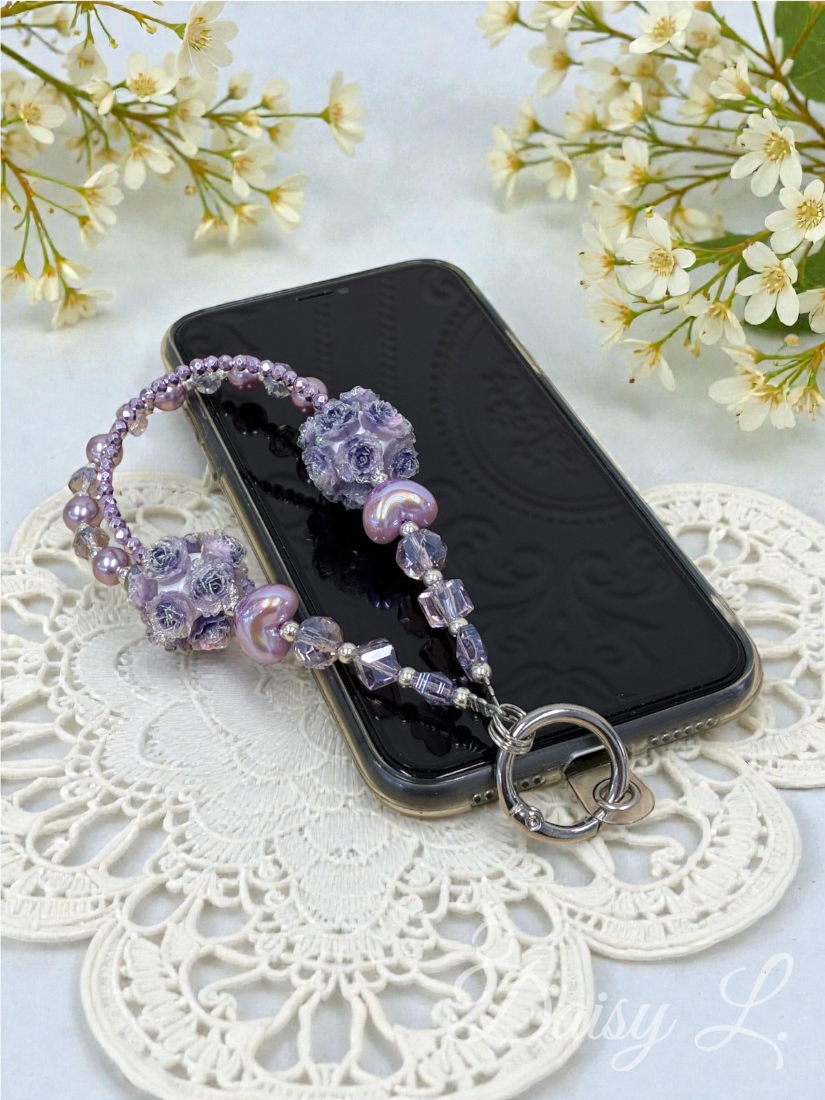 精緻淡紫色花卉水晶手機掛繩