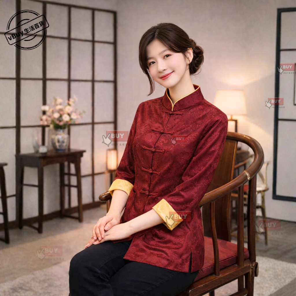 成人新年衫｜女裝 酒紅×金 雙面可穿 改良唐裝外套 新年拜年上衣｜Vbuy