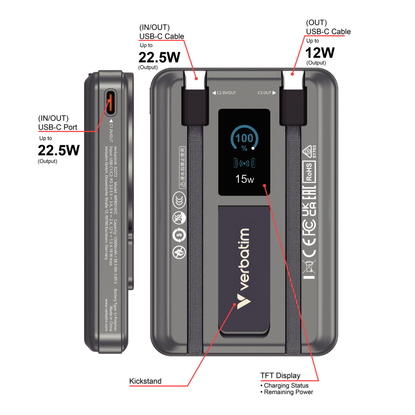 威寶 - Verbatim Charge 'n' Go 10000mAh 2C & 附顯示器的行動電源（*3C認證 CCC 認証) 磁充 磁吸 磁吸無線行動電源 #33272 / #33273