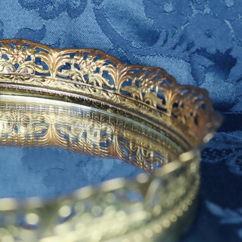 C.a. 1960-70s Stamped Filigree Gold Tone Round Mirror Tray / Vanity Tray (MT1686)