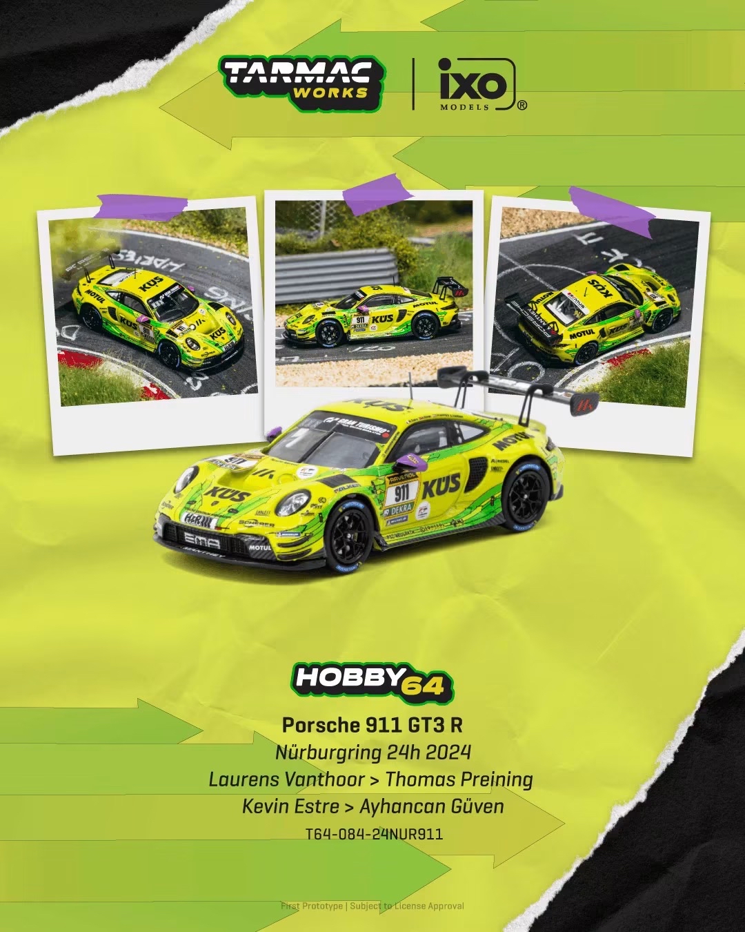 （預訂 Pre Order) Tarmac Works ( T64-084-24NUR911 ) Porsche 911 GT3 R Nürburgring 24h 2024