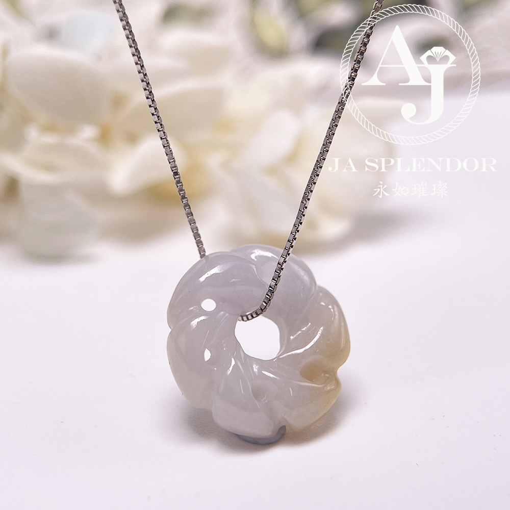 JN-2738 天然翡翠A玉-糖環花開富貴立體雕花吊墜（送銀鏈）