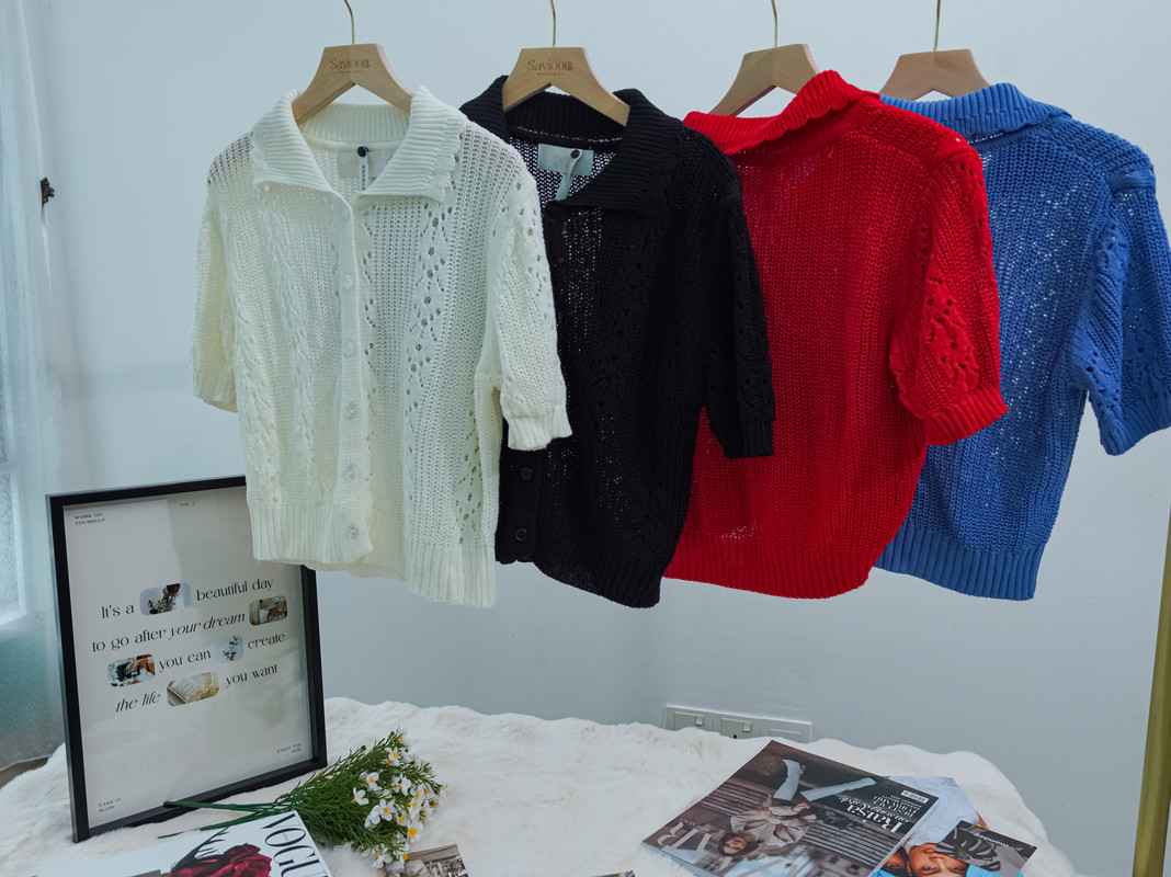 Crochet Knit Short-Sleeve Cardigan Top with Collar ‖ 镂空针织短袖翻领开衫上衣 KR014619