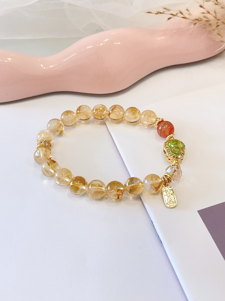 💛 黄塔晶 × 冰飘南红 × 葫芦吊饰手串 Citrine, Icy Nanhong Agate & Gourd Charm | 8mm