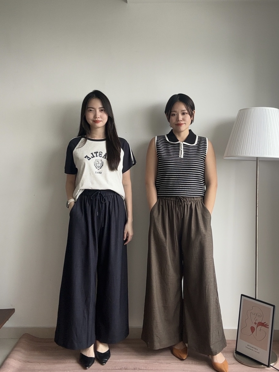 S1935 Drawstring Wide Leg Pants - Blue & Brown