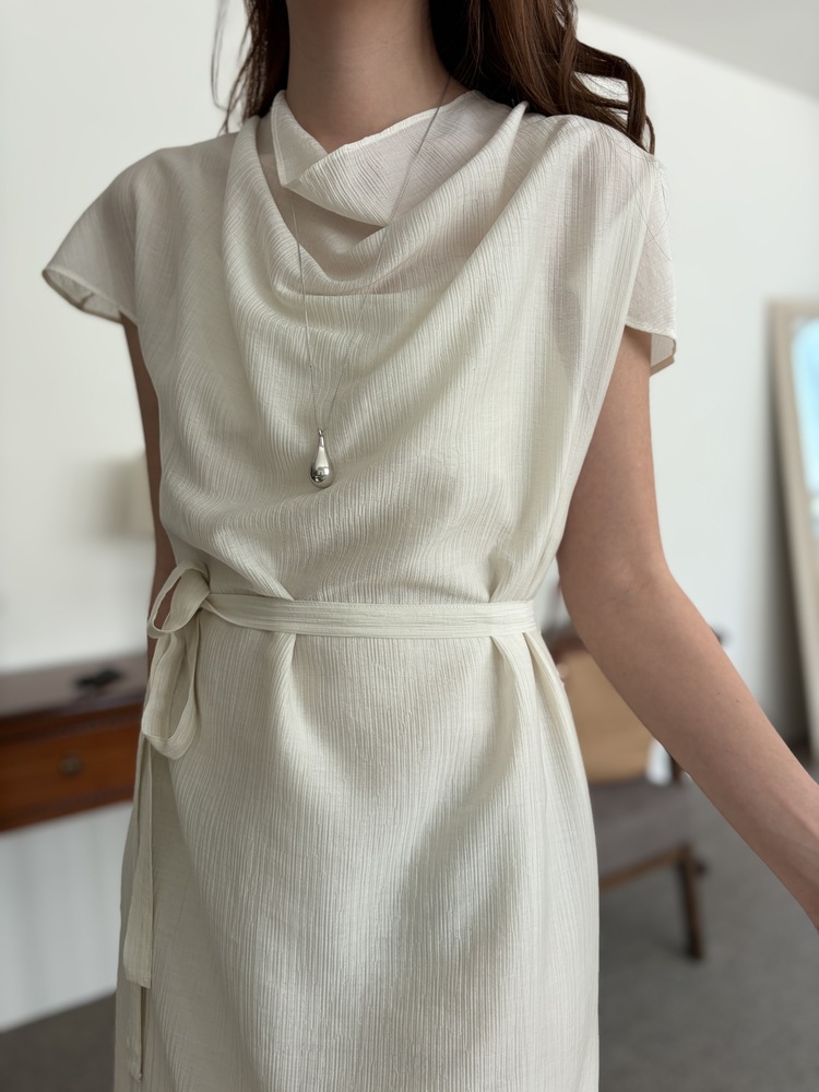 Draped Neck Dress with Inner Slip (Cream)