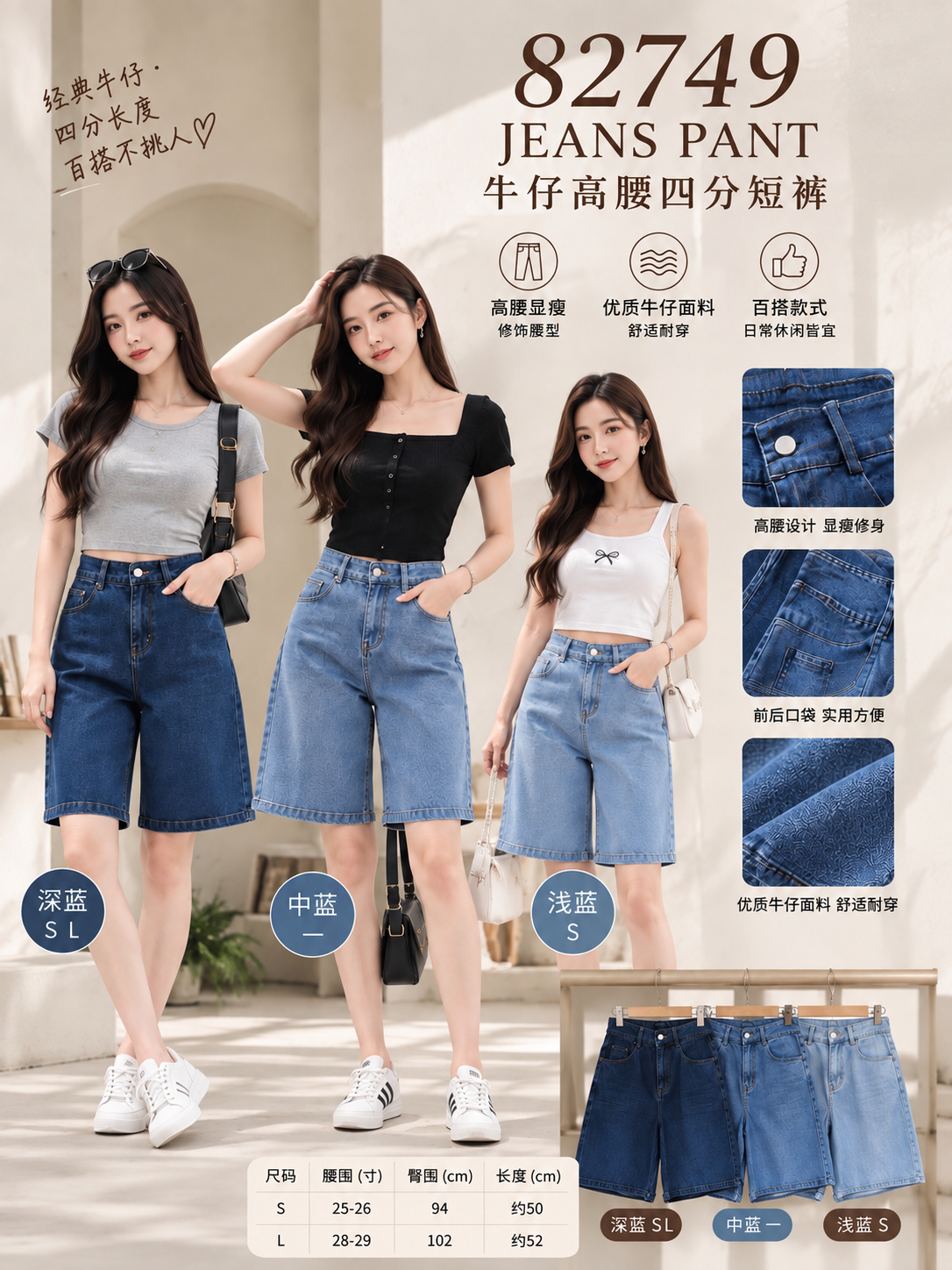 82749 Jeans Pant  牛仔高腰四分短裤