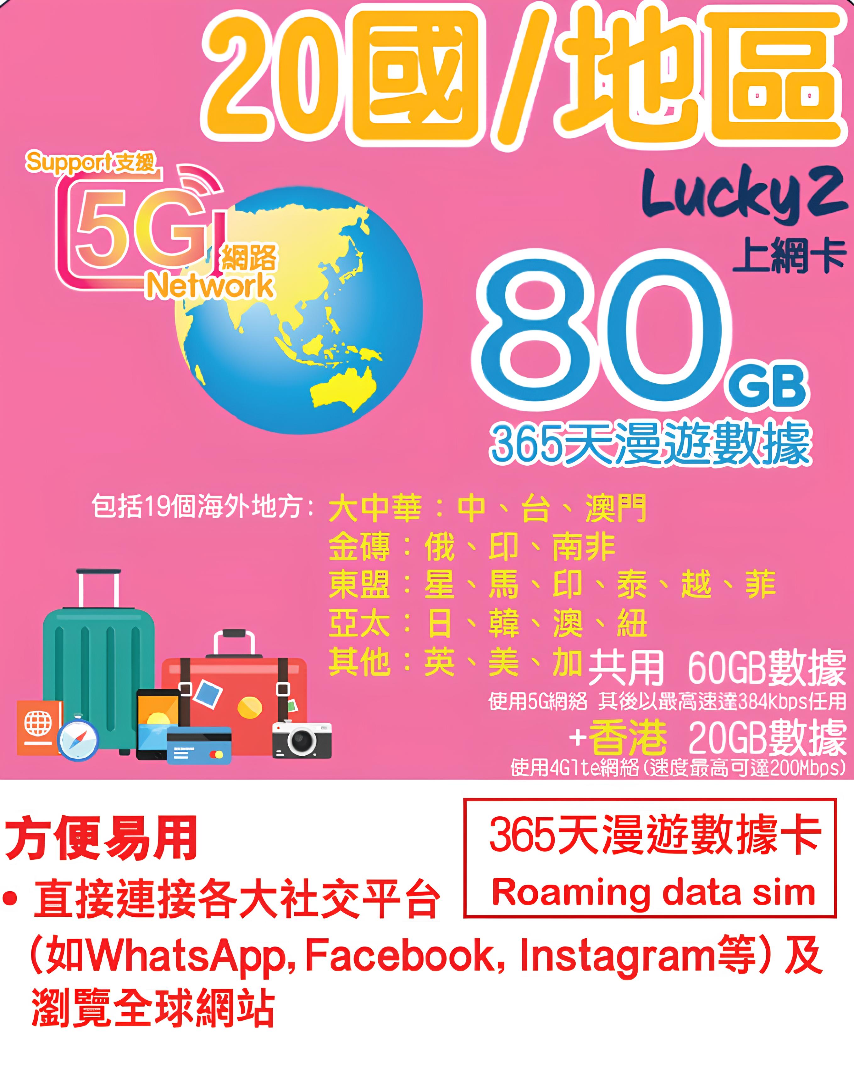 多國年卡系列 Lucky2【20國/地區】365日 80GB (其它地區60GB+香港20GB) 5G/4G 漫遊數據年卡