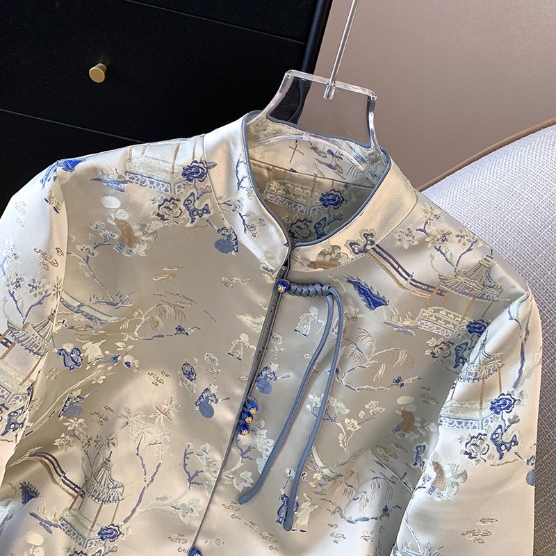 B291(0218外套) 新中式气质立领单流苏盘扣兰亭序重工织金蓝外套上衣