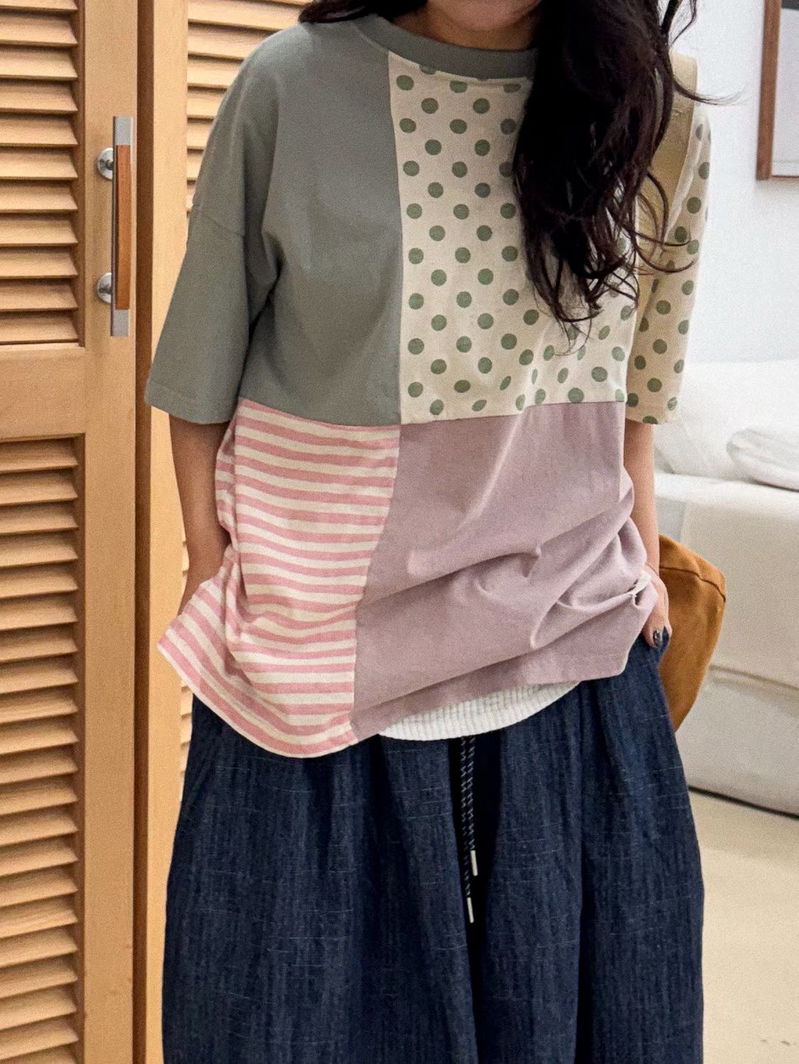 YA OX 4格波點條子tee