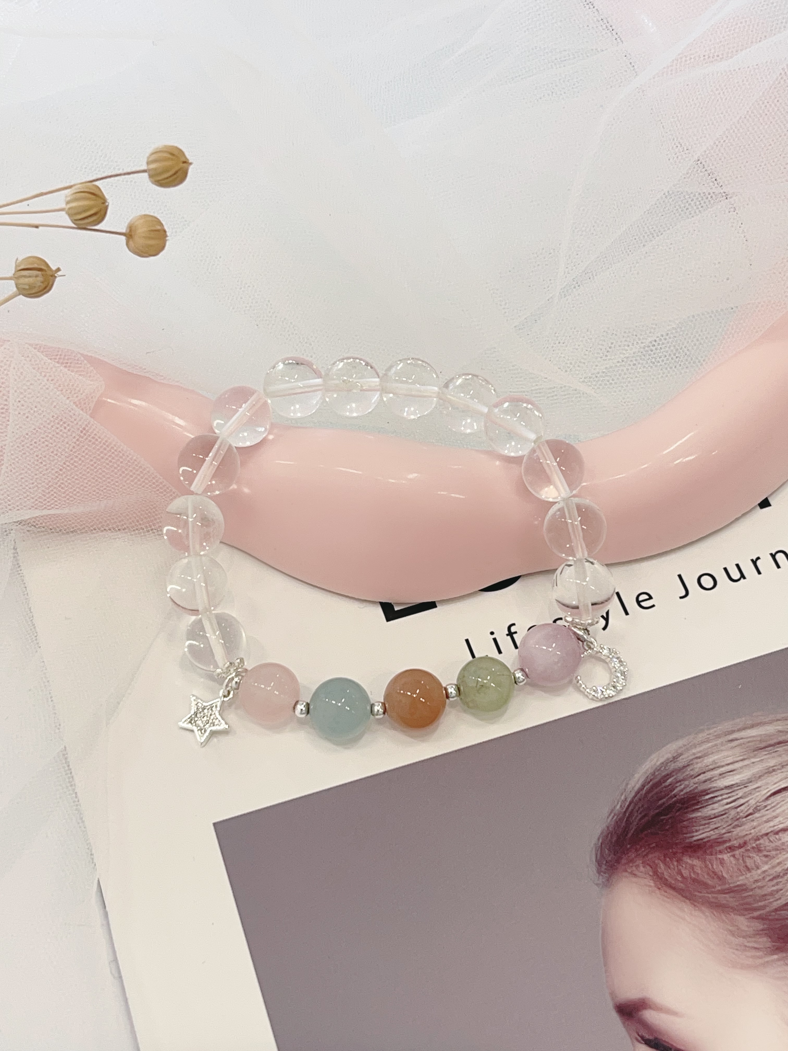 🌙 白水晶 × 多彩水晶 × 星月手串  Clear Quartz & Mixed Crystals｜10.5mm 星月愿望