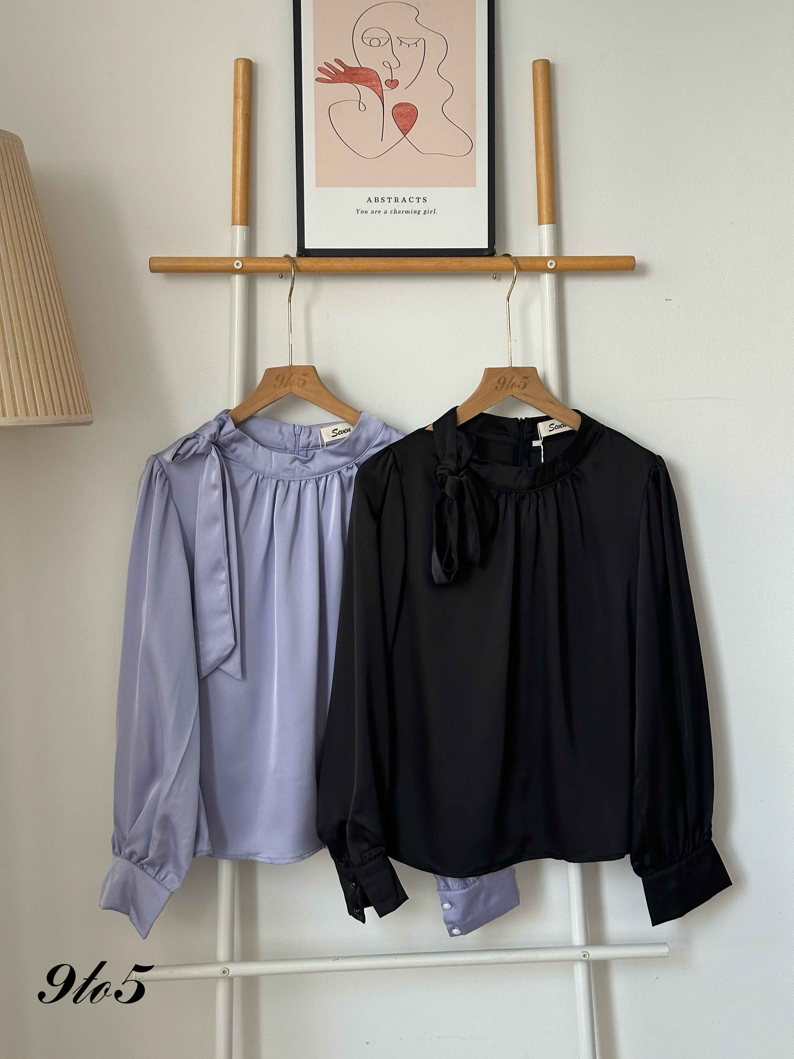T4030 Tie Neck Satin Blouse - Purple & Black