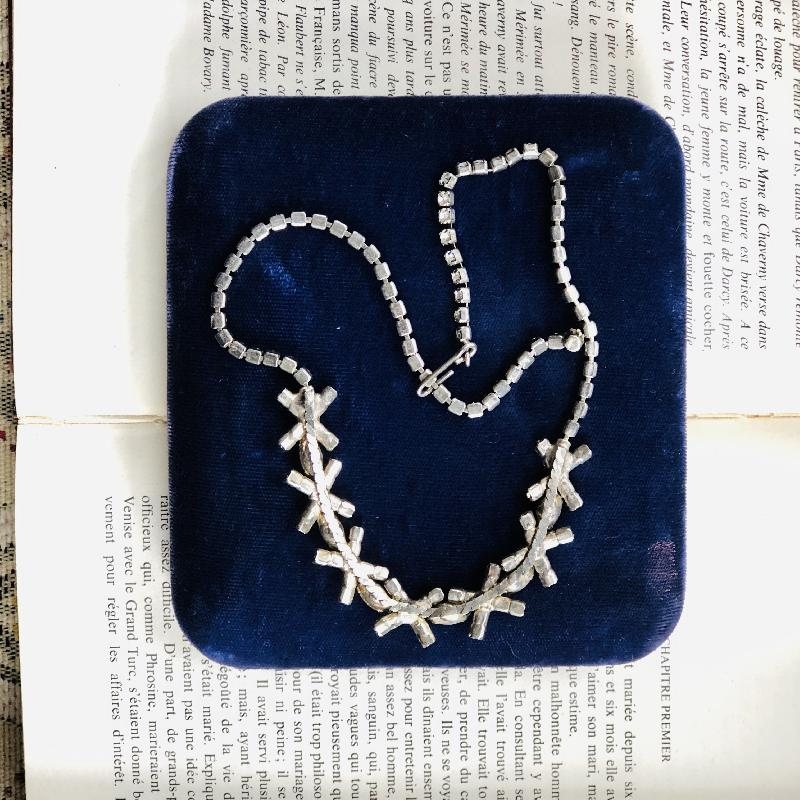 C.a. 1950s Cross Motif Sapphire Blue and Clear Rhinestone Cocktail Jewelry Set - Pierce Earrings and Necklace (MT1407)