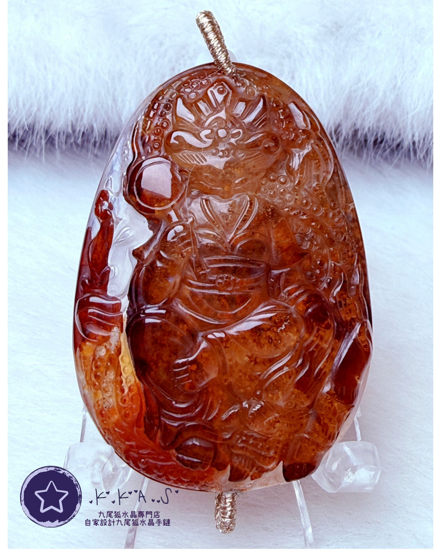 K00010 紅膠花 龍狐 - 吊墜/手牌兩用款(上下孔)