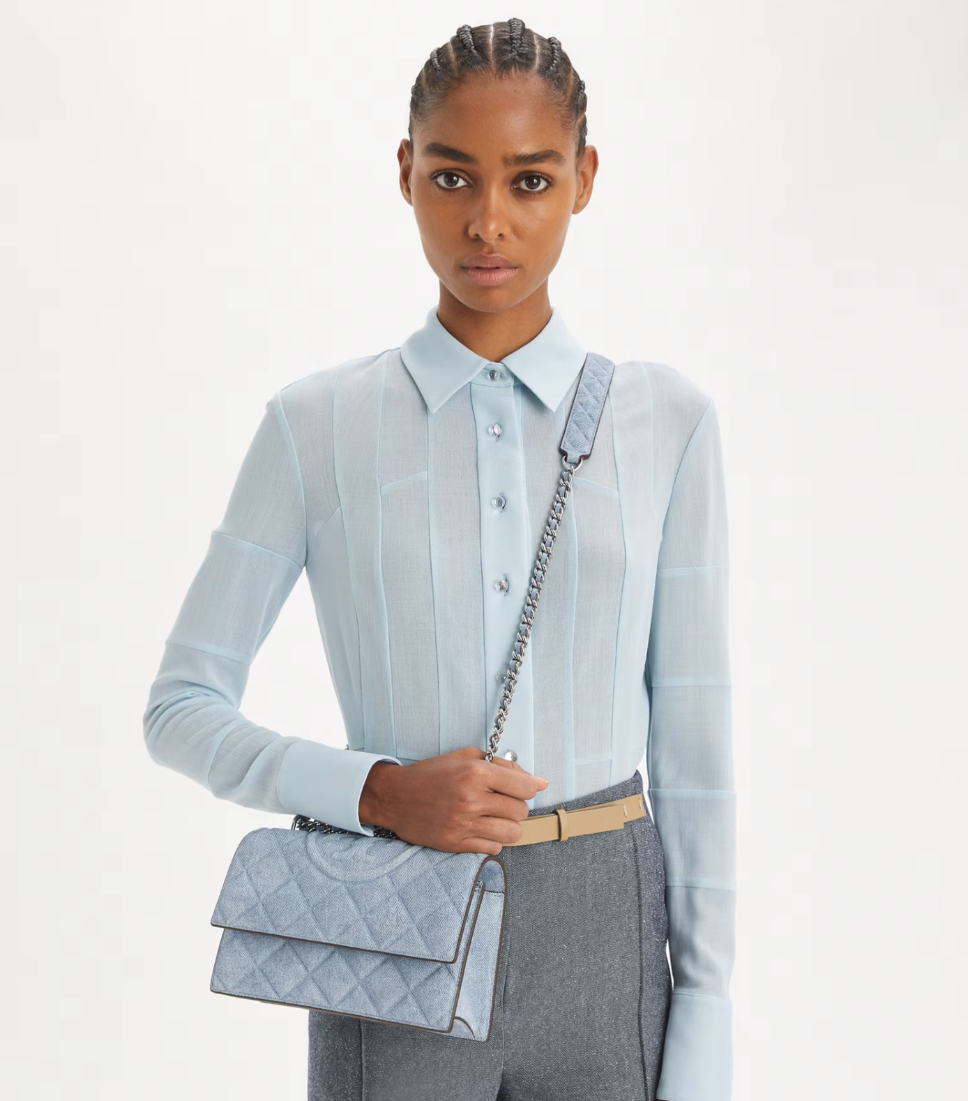 Tory Burch SMALL FLEMING DENIM-PRINT SUEDE SHOULDER BAG