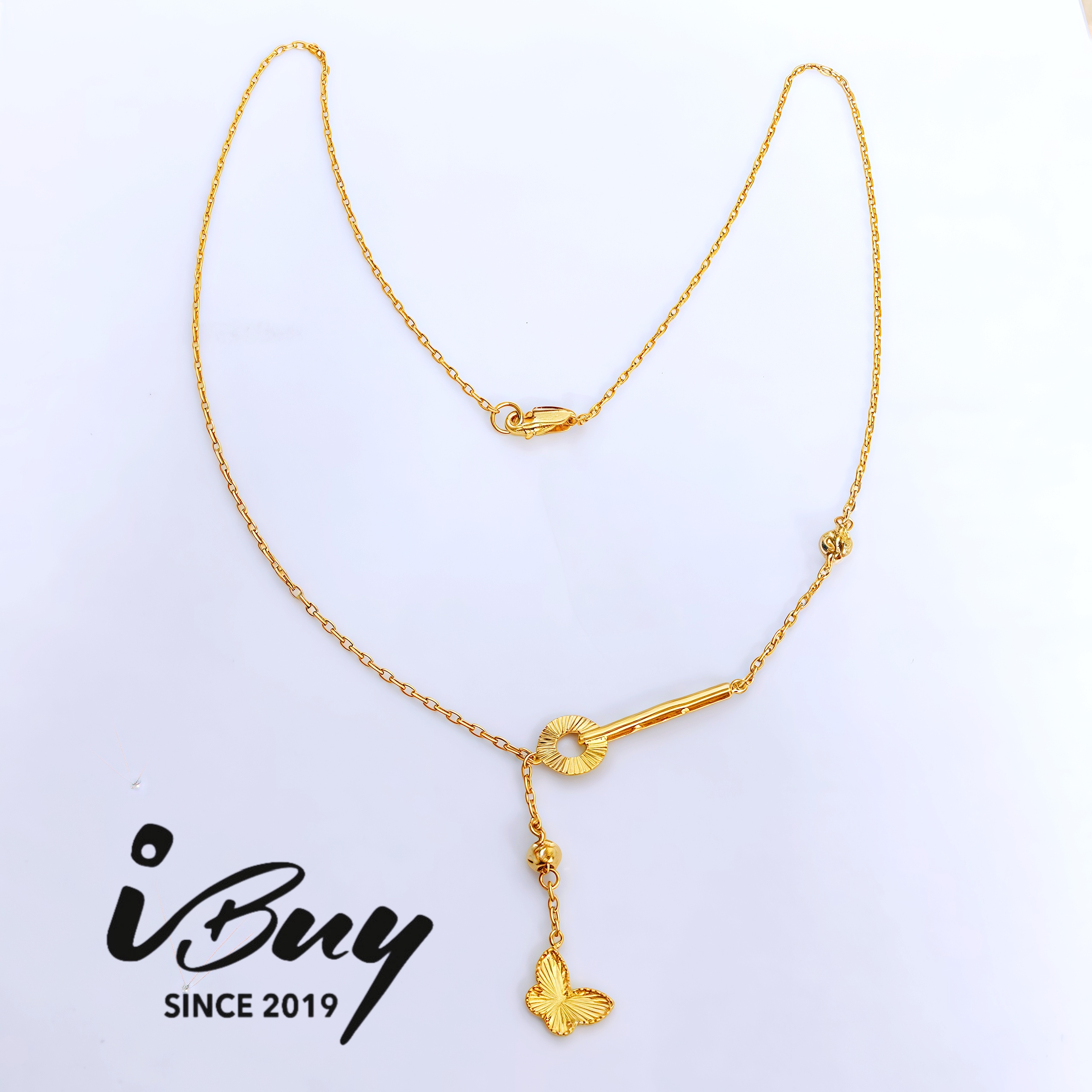 916 GOLD LASER BUTTERFLY SOLID CABLE CHOKER 44CM 916 金 实心万字链与镭射蝴蝶吊坠套链