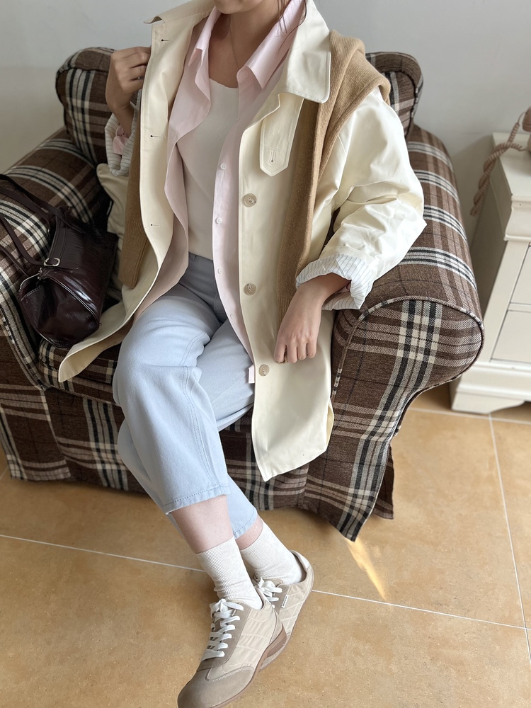 Stripe-Lined Relaxed Trench Coat (Cream)
