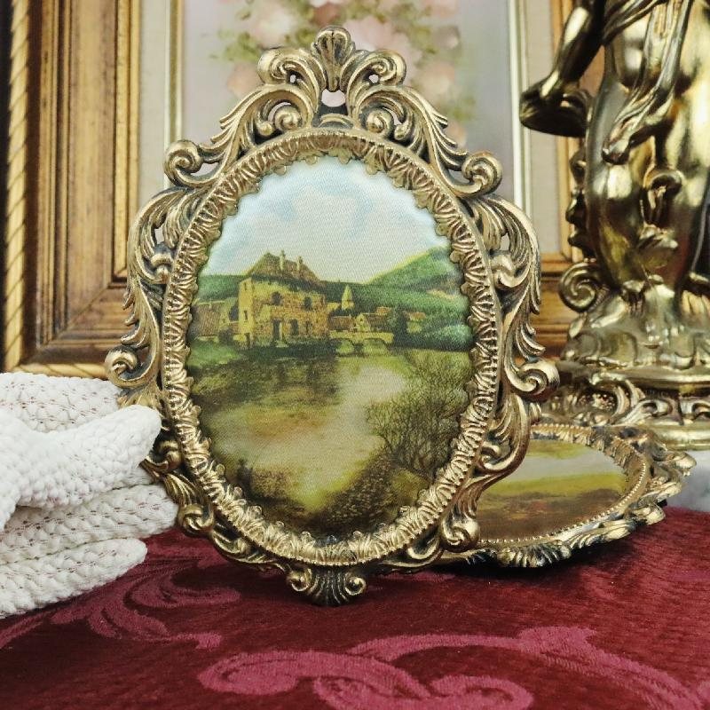 Vintage C.a. 1970s Made in Hong Kong Itallian Silk Print Small Picture Wall Deco in Antique Style Frame - Village(MT1653)