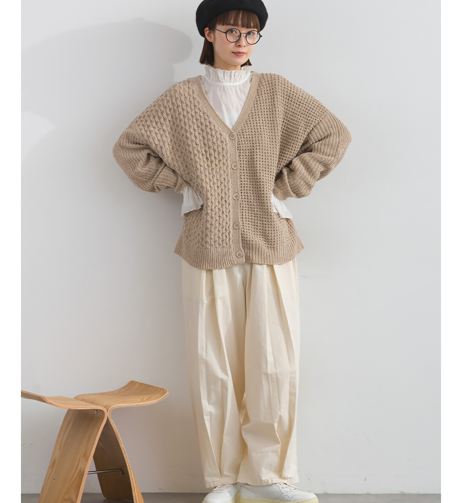 LP - 粗幼拼接冷織開襟毛衣 (杏色)