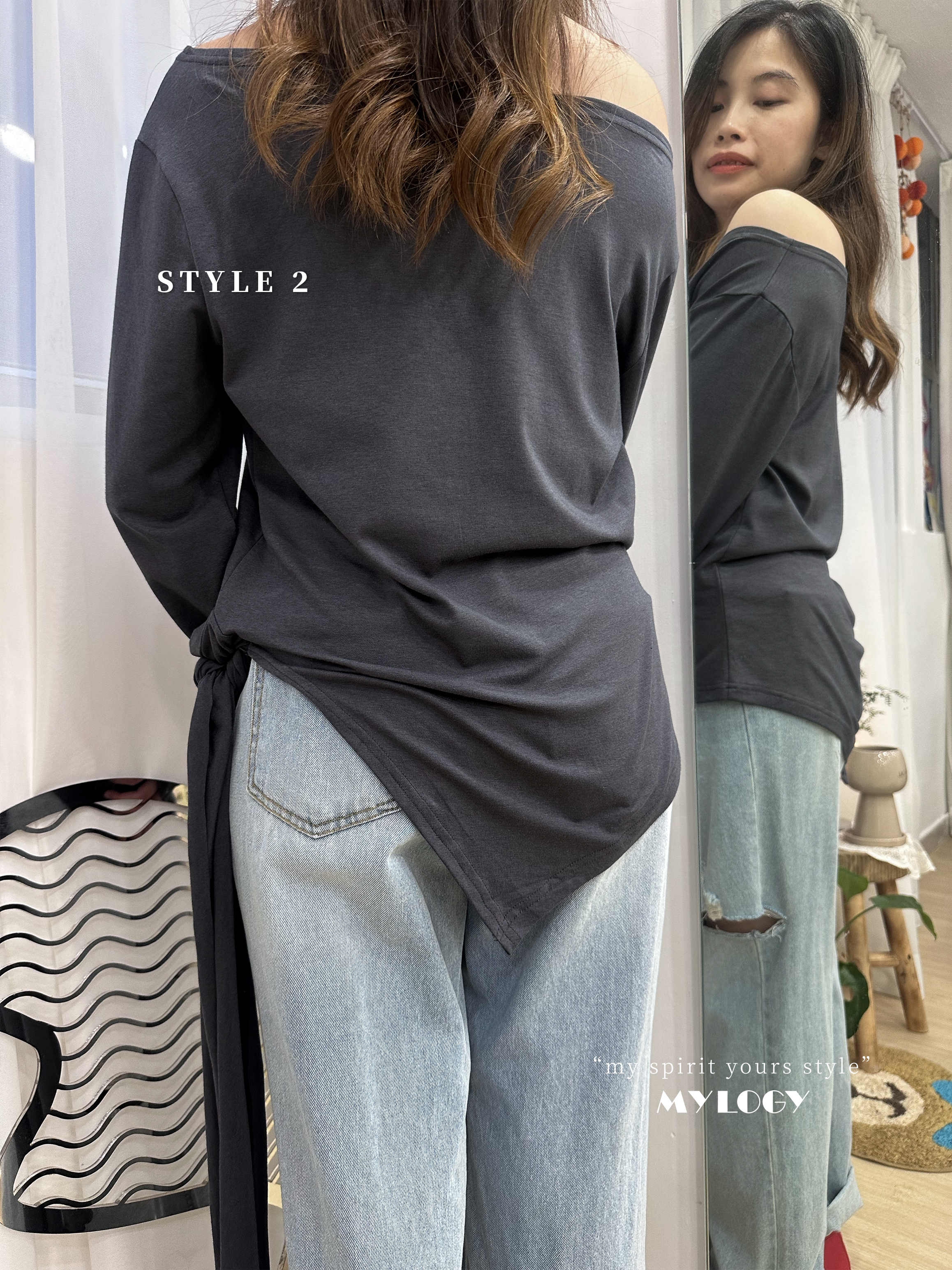 韓系 L/S Off Shoulder 排扣不規則下擺 TEE JD0008 - 白色 Ivory