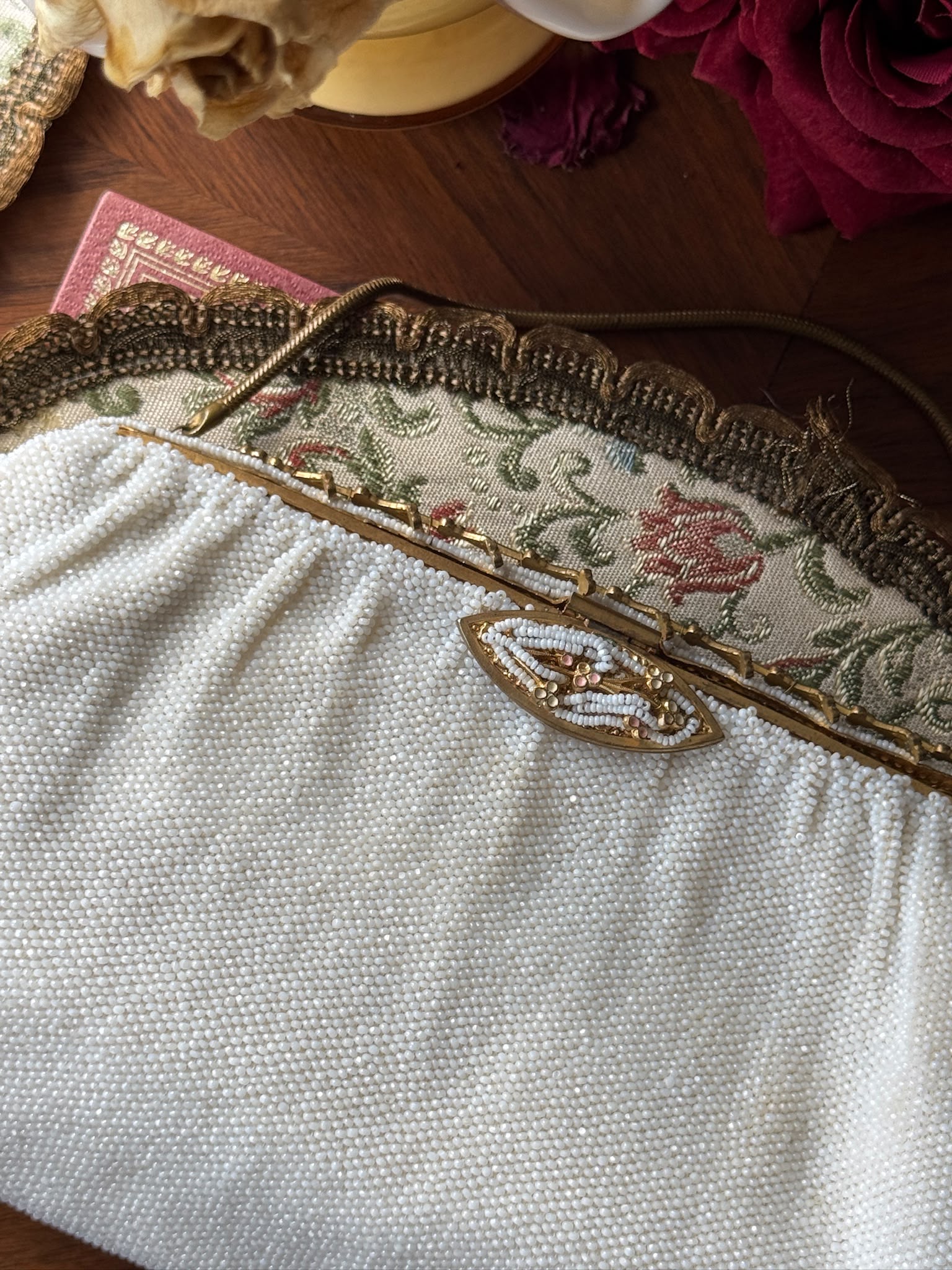 Vintage Mid-century Pastel Foliage Frame White Bead Bag- Likely Made in France (MT2647)